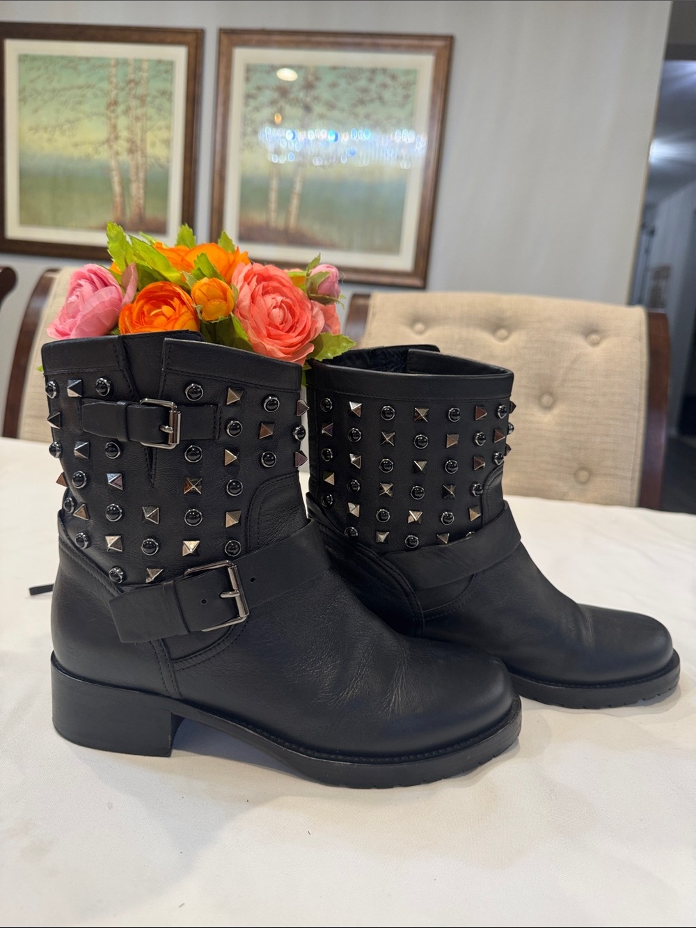 Authentic Valentino Garavani Black Studded Leather Moto Ankle Boots